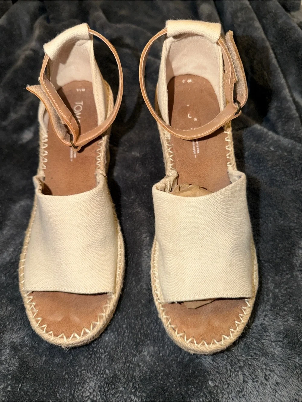 Toms Cream Canvas Espadrille Wedge Sandals with Tan Ankle Strap